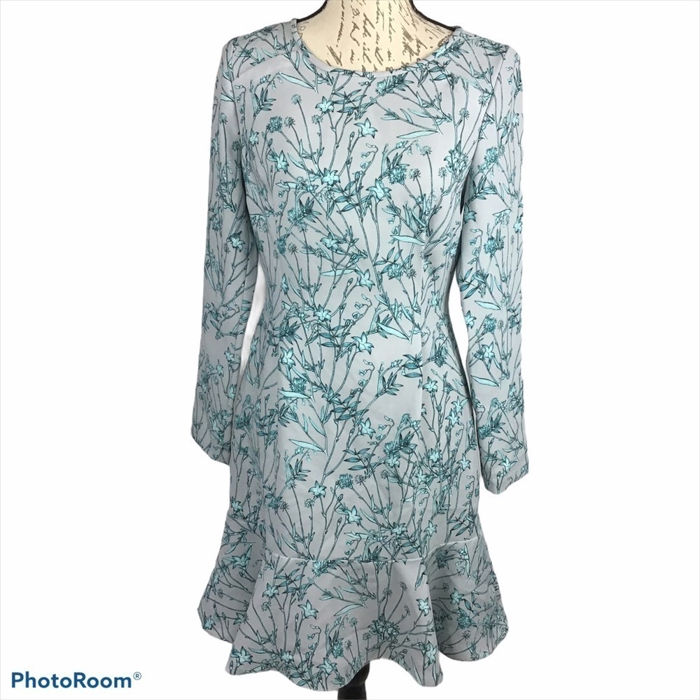 Banana Republic Gray and Turquoise Floral Long Sleeve Drop Waist Dress